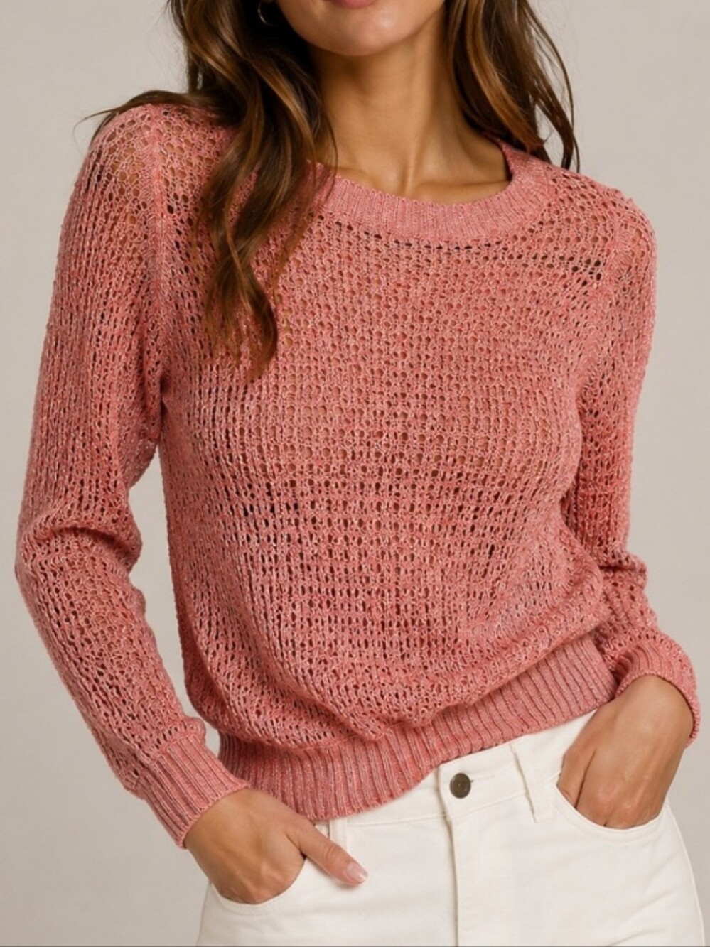 Anthropologie Guinevere Pullover Open Knit Metallic Sweater Coral Gold M Hemp